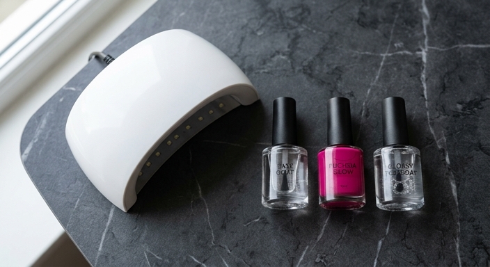Professional UV/LED lamp and three gel polish bottles neatly arranged in a flat lay on dark marble.