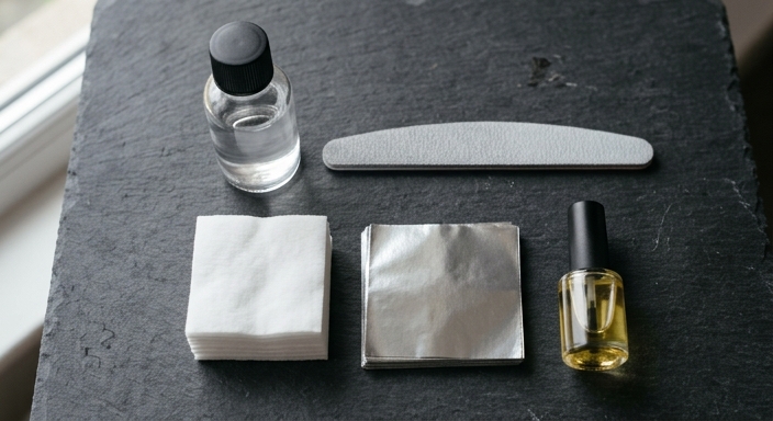A flat-lay arrangement of professional nail removal tools including acetone, foil squares, cotton pads, a 180-grit nail file, and cuticle oil on a dark surface.