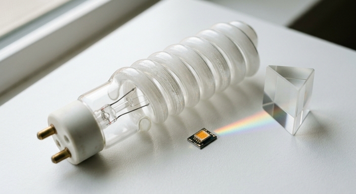 Close-up of a UV fluorescent tube and an LED diode on a white background with light refracting through a prism.