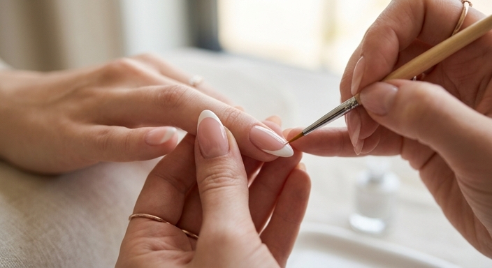 Close-up of a fine liner brush painting a white French tip smile line on an almond-shaped nail.