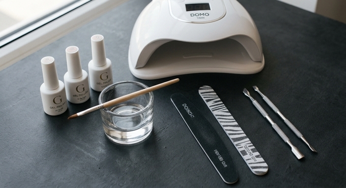 A professional flat-lay arrangement of an at-home gel nail kit including a white LED lamp, polish bottles, and tools on a dark background.