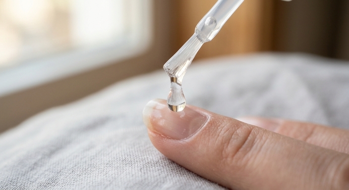 Macro close-up of clear HEMA-free gel base coat being applied to a clean natural nail under soft light.