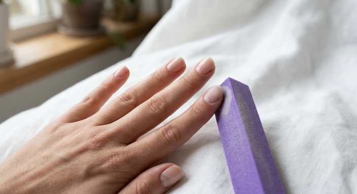 A close-up of a hand undergoing a nail buffing process with a professional buffer block to remove shine.