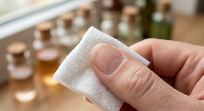 Close-up of a lint-free wipe dehydrating a buffed natural fingernail before gel application.