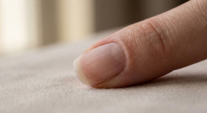 Extreme close-up of a natural fingernail with a matte, buffed surface and clean cuticles, ready for gel polish application.